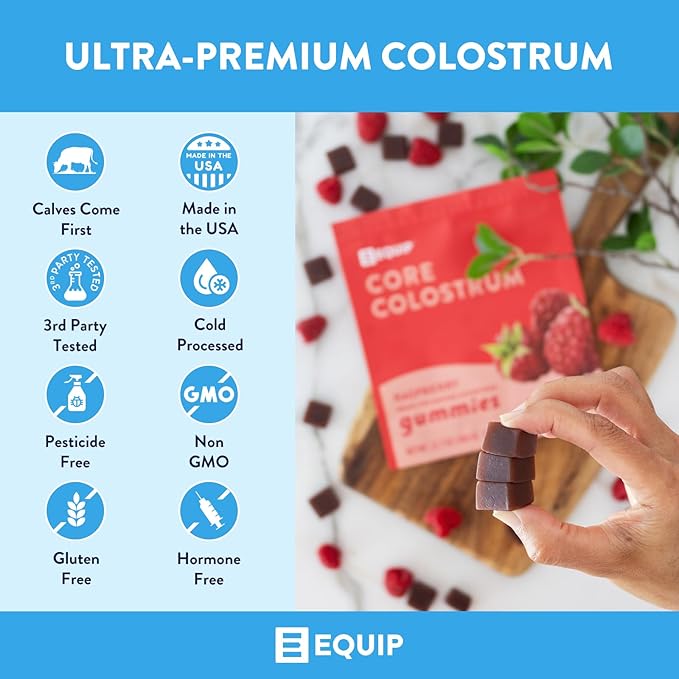 Equip Foods Core Colostrum Gummies | Delicious and Convenient | 1g Ultra-Premium Grass Fed Colostrum Per Serving | Gut Health, Immunity, Hair and Skin | 60 Gummies, 30 Servings, Raspberry