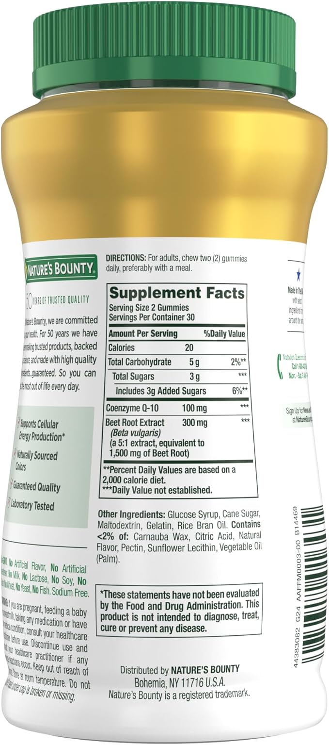 Nature's Bounty Beets & Co Q-10 Gummies for Heart Health, Coenzyme Q10, Beet Root Extract, Supports Healthy Circulation and Heart Function, Cellular Energy Production, Raspberry Flavor, 60 Gummies
