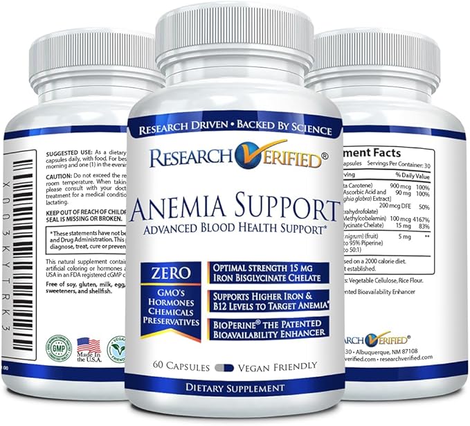 Research Verified Anemia Support - Replenish Iron, Regulate Hemoglobin, Improve Energy - Iron, Vitamin C, Vitamin A, B12, Folate, BioPerine - 180 Capsules - Vegan