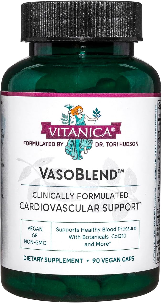 Vitanica VasoBlend - Heart Health Supplement with Folic Acid, Magnesium, CoQ10 & Terminalia Arjuna Bark - Heart Health Supplement - Lady - 90 Vegan Caps