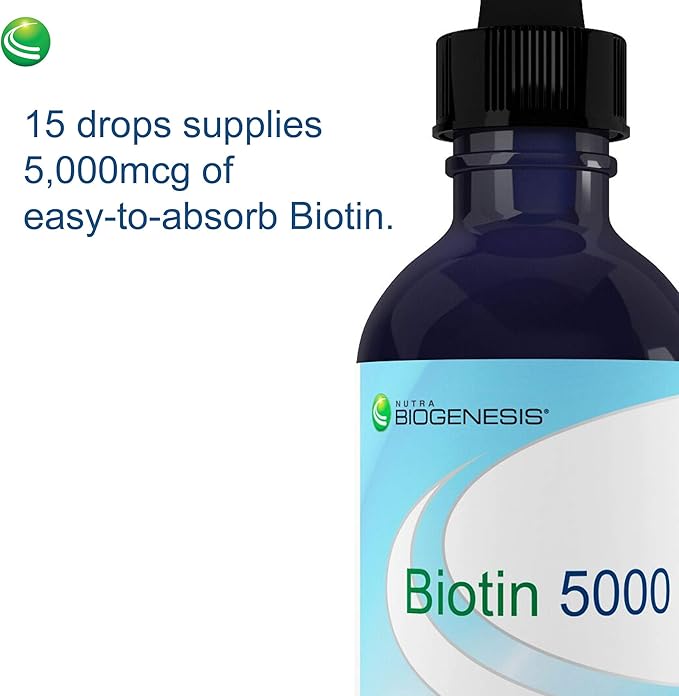 Nutra BioGenesis Biotin 5000 - Liquid Biotin Drops for Hair Skin and Nails, Pure Supplement for Women and Men, 5000mcg Per Serving - 2 Fl Oz (59 mL) Glass Bottle