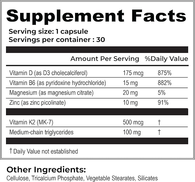 Vitamin D3 + K2 - Bone Health & Immune Support - 7000 IU(175 MCG)D3 + 500 MCG K2 - Cofactors B6, Magnesium & Zinc - Gluten Free, Vegan, Non-GMO - Dietary Supplement - 30 Veggie Capsules