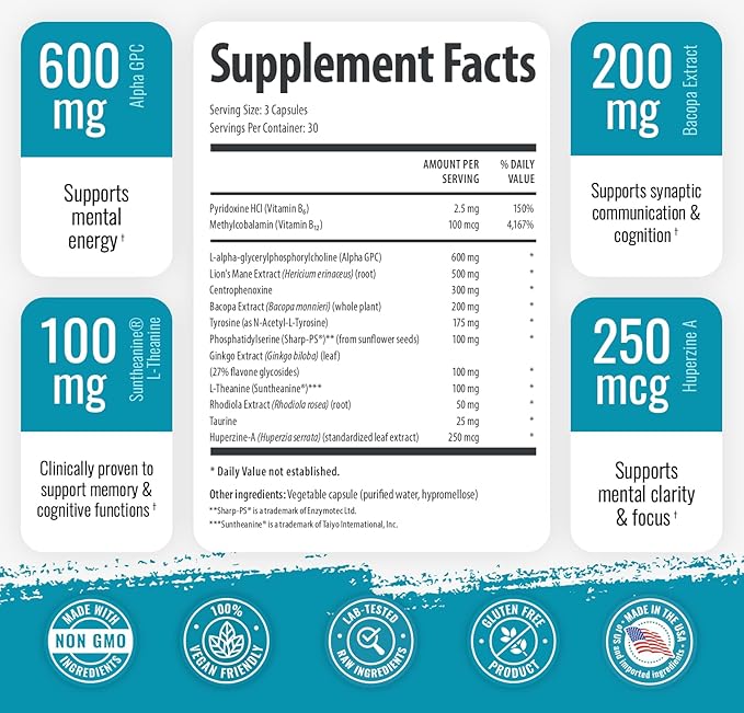 1 Body Brain Support Triple Pack, Alpha GPC and Lion's Mane Extract, 90 Capsules Each
