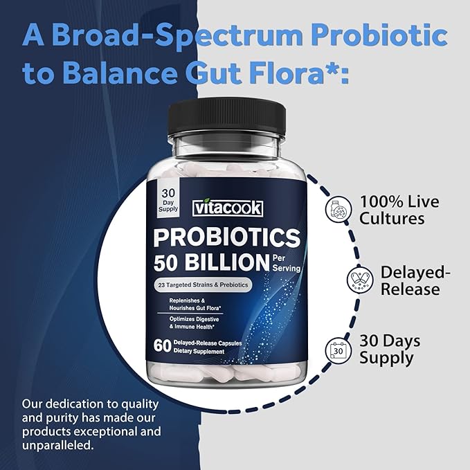 Probiotics 50 Billion, 23 Strains with Organic Prebiotics, Digestive & Immune Support, Freeze-Dried, Delayed-Release, Better Than a Dozen Yogurts, 60 Vegan Caps