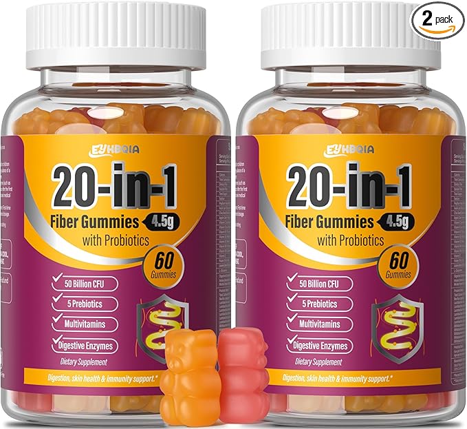 Fiber Supplement 20-in-1, Fiber Gummies for Adults, 50 Billion CFU Probiotic & Prebiotic Supplement with Inulin, Psyllium, Support for Gut & Digestive Health, 60-Count, Peach & Orange-Two Pack