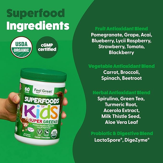 Feel Great USDA Organic Super Greens Powder for Kids - Cocao Chocolate | Fruit & Veggie Supplement | Superfood Powder with Probiotics & Digestive Enzymes for Digestive Health | 60 Days Supply
