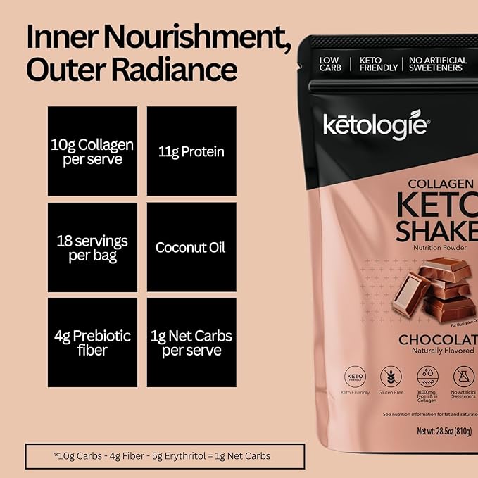 Keto Collagen Shake (Chocolate) - with Coconut Oil, Prebiotics, Grass Fed Hydrolyzed Collagen Peptides Type I & III, Low Carb, Gluten Free,1.78lbs. (810g)