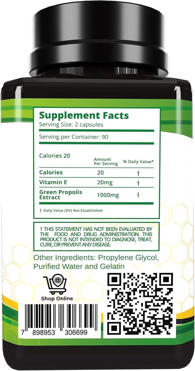 Propolis Health Propolis Capsules 1000mg-Daily with Vitamin E Per 2 Capsules - Brazilian Green Propolis Extract - Immune Booster 50 Days Supply Propolis Capsules (180 Capsules)