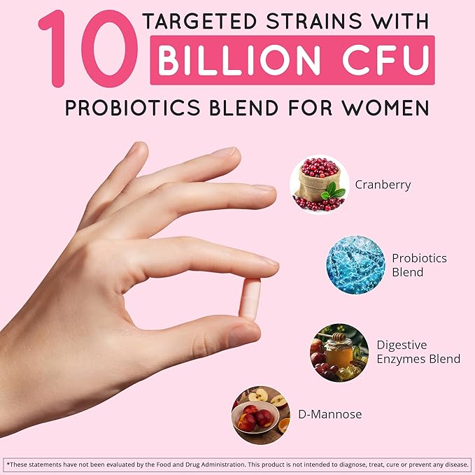 Vaginal Probiotics for Women - ph Balance for Women | Cranberry & D-Mannose | 10 Strains | BV, Yeast, Flora & Odor Control | Female Urinary Tract, Gut & Digestive Health Support Pills, 60 Ct