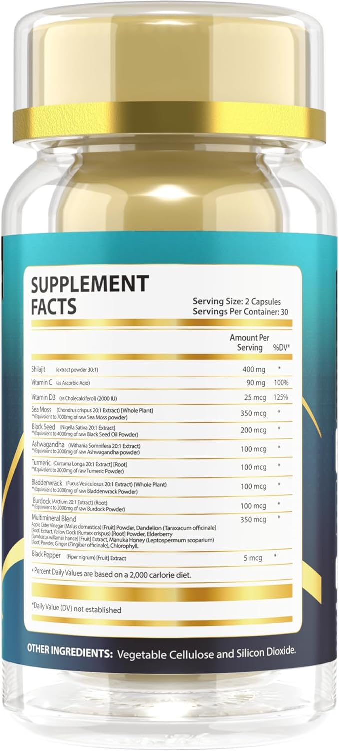 Nature's Vibe 18 in 1 Sea Moss 7000 mg,Shilajit 400 mg,Black Seed Oil 4000 mg,Ashwagandha 2000 mg, Turmeric,Bladderwrack,Burdock 2000 mg Each,Vitamin C & D3,Elderberry,Multimineral Blend -60 Caps