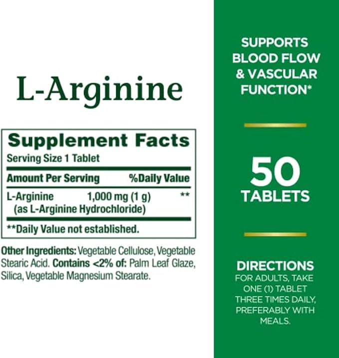 Nature's Bounty L-Arginine 1000mg for Supporting Blood Flow and Vascular Function – Non-GMO, Gluten Free, 50 Tablets (Pack of 2)