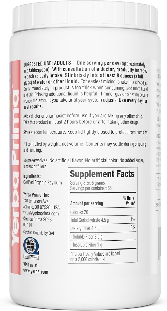 Yerba Prima Organic Psyllium Whole Husks 12 oz - Natural Dietary Fiber Supplement, Non GMO, Gluten Free, Keto and Vegan Friendly for Regularity Support, Unflavored