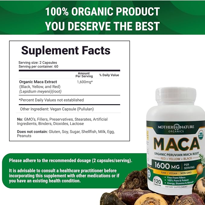 Mother Nature USDA Organic Maca Root Capsules, Black + Red + Yellow Peruvian Maca for Women & Men 1600mg - Supports Mood, Hormonal Balance Reproduction & Energy - Vegan Pills (120ct)