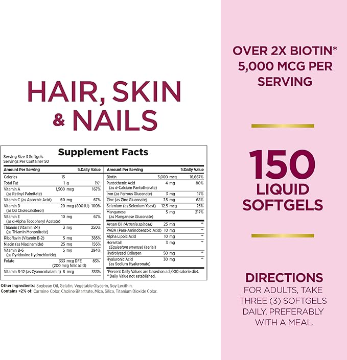 Nature's Bounty Advanced Hair, Skin & Nails, Argan-Infused Vitamin Supplement with Biotin and Hyaluronic Acid, 150 Rapid Release Softgels (Pack of 2)