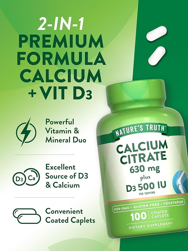 Nature's Truth Calcium Citrate with Vitamin D3 | 100 Caplets | Vegetarian, Non-GMO & Gluten Free Supplement