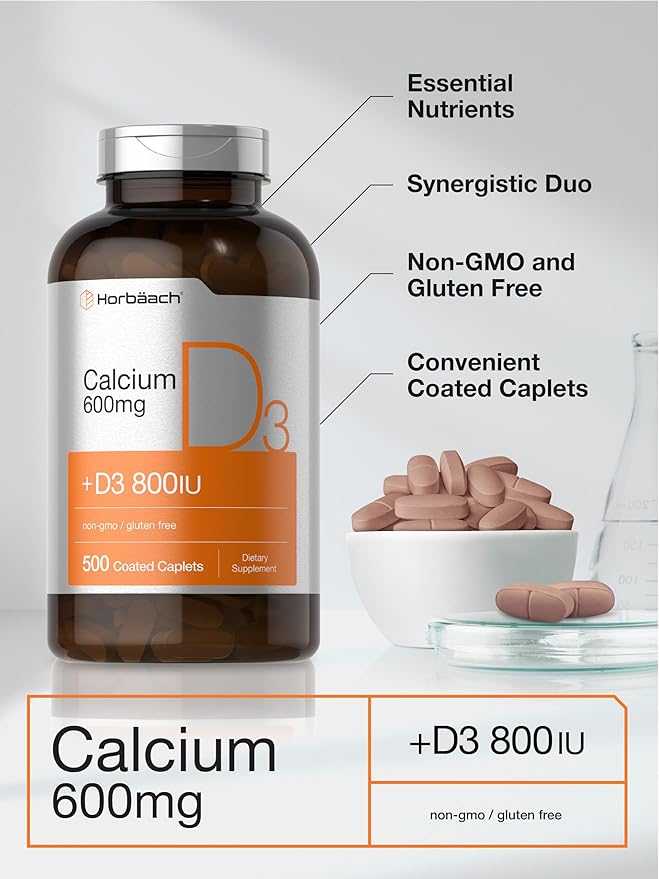 Horbäach Calcium Supplement with Vitamin D3 | 600 mg | 500 Coated Caplets | Non-GMO and Gluten Free