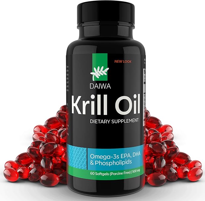 Daiwa Krill Oil 1000mg Softgels - EPA DHA Krill Oil Omega 3 6 9 with Astaxanthin for Joint, Brain and Heart Health - Antarctic Krill Oil Supplement - 60/ct