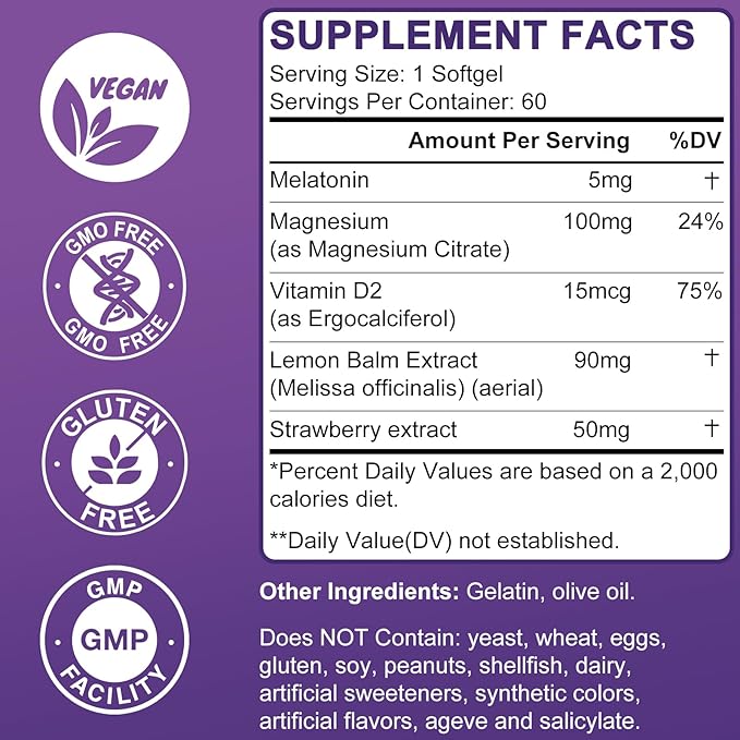 Sleep Support Supplement Softgels, Sleep Aids for Adults, Sleep Supplement with Melatonin 5mg, Vitamin D2, Magnesium, and Lemon Balm, Strawberry Extract, Gluten-Free, Vegan & Non-GMO, 60 Count