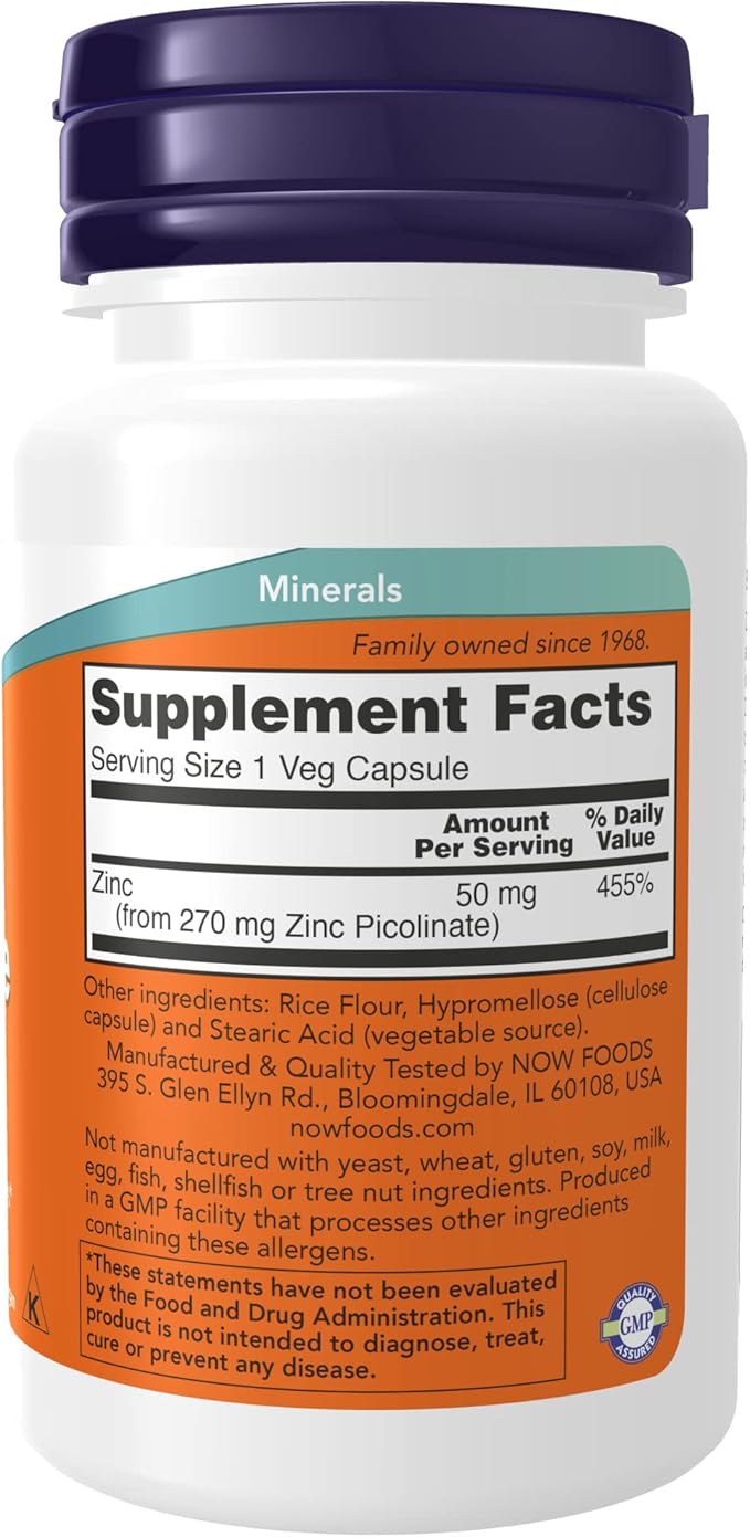 NOW Supplements, Zinc Picolinate 50 mg, Supports Enzyme Functions*, Immune Support*, 60 Veg Capsules (Pack of 2)