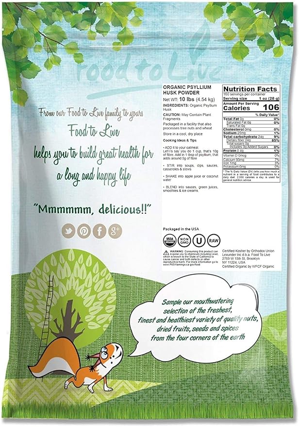 Food to Live Organic Psyllium Husk Powder, 10 Pounds — Non-GMO, Kosher, Ultra Fine, Unsweetened, Unflavored, Rich in Fiber, Natural Food Thickener, Great for Baking, Raw, Bulk, Vegan, Keto Friendly