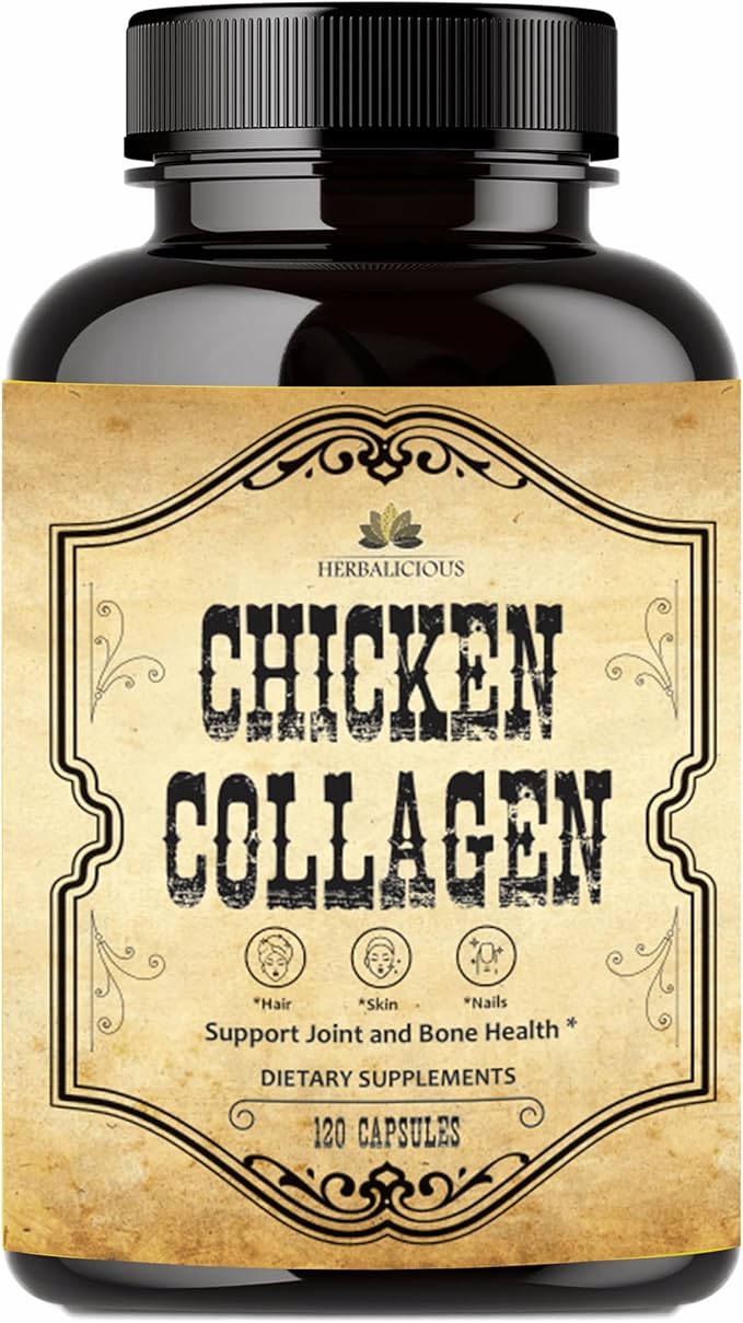 Chicken Collagen Capsules - Type II Collagen Nutritional Supplement for Joint, Skin & Bone Support - Non-GMO, Anti-Aging Dietary Supplements with Hydrolyzed Collagen Peptides - 120 Capsules
