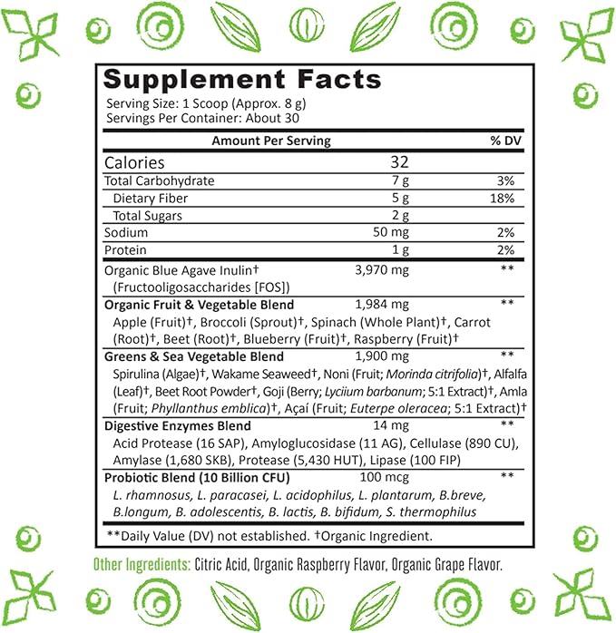 Super Greens Powder Organic Blend: Non-GMO Supplement, Includes Spirulina, Alfalfa, Spinach, Probiotics, Fiber and Digestive Enzymes, No Artificial Sweeteners, 30 Servings
