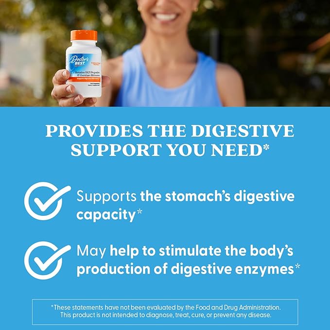 Doctor's Best Betaine HCI Pepsin & Gentian Bitters, Digestive Enzymes for Protein Breakdown & Absorption, Non-GMO, Gluten Free, 120 Caps, Original Version