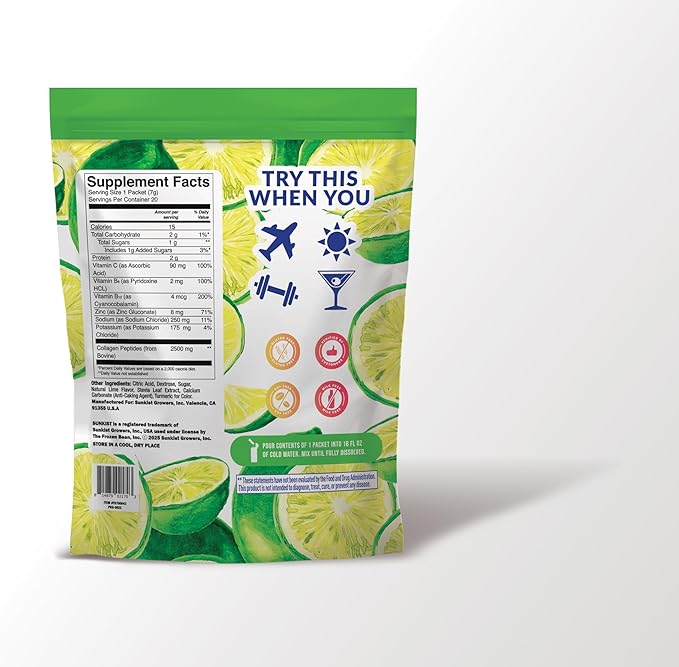 The Frozen Bean Sunkist Collagen Drink Mix - Hydration Limeade Electrolyte Drink for Women with Vitamin C, Zinc, Collagen Peptides, Naturally Flavored - 20 Packs