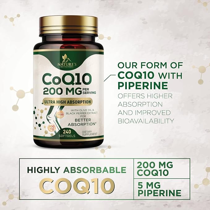CoQ10 200mg Softgels - Better Absorption, Antioxidant for Heart Health & Cellular Energy Support - Nature's Co Q10 Vitamins, Non-GMO & Gluten Free, Coenzyme Q10 Supplement - 240 Softgels