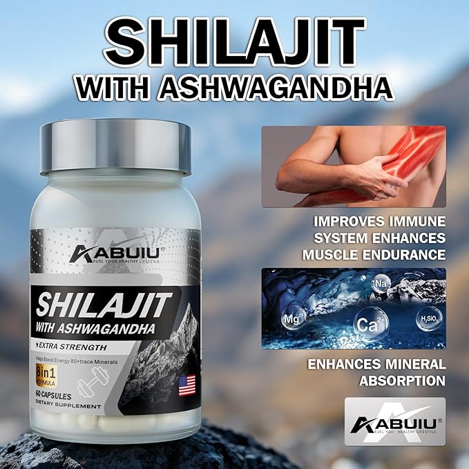 Shilajit for Men Women Pure Himalayan Shilajit Resin Containing Fulvic Acid, 8-in-1 with Ashwagandha Rhodiola Rosea Ginseng, Supports Energy Mental Clarity Focus, 120 Capsules / 2 Packs