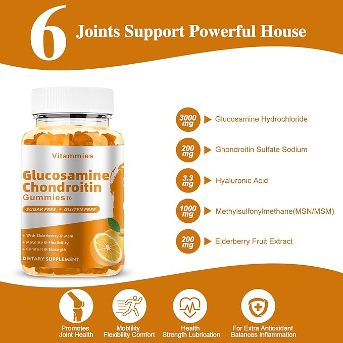 Glucosamine Chondroitin Gummies with MSM & Elderberry Extra Strength - Joint Support, Antioxidant Immune Support Supplement for Adults, Men & Women Minerals, coenzyme Q10, DHA - 60 Orange Gummies