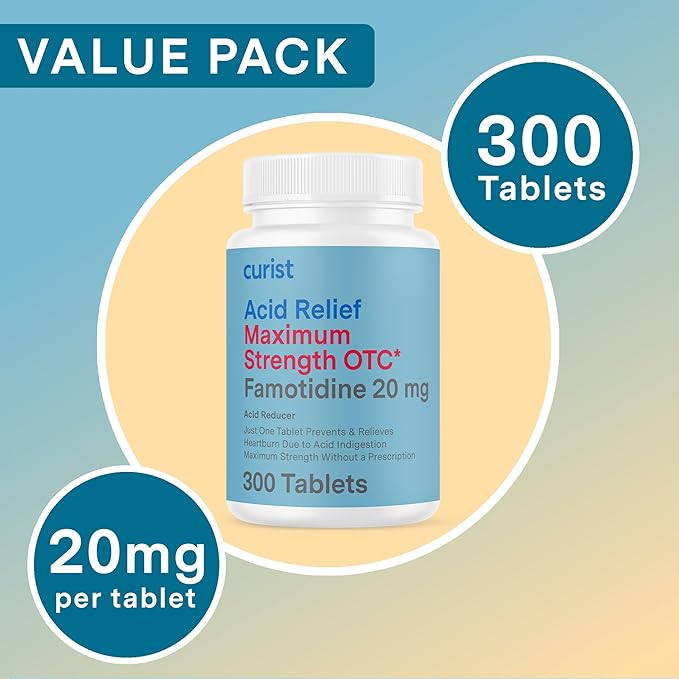 Curist Famotidine 20mg Bulk Pack (300 Count Tablets) Acid Reflux Medicine for Heartburn Relief - OTC Maximum Strength Stomach Acid Reducer - Anti Acid Relief Tablets for Indigestion Heartburn Relief