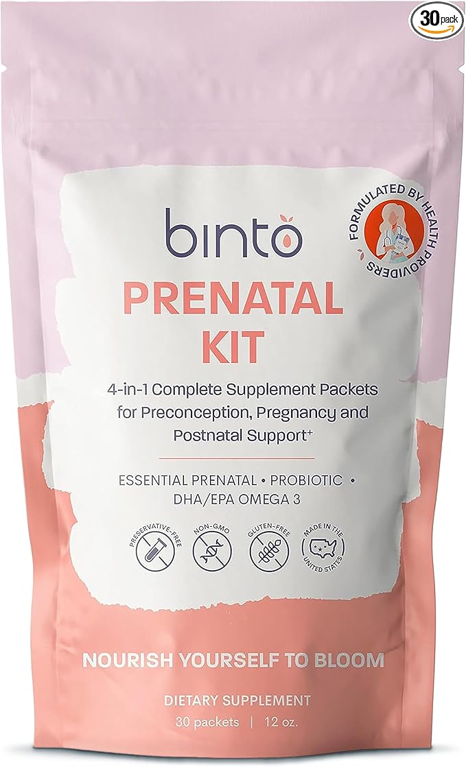Binto Prenatal Kit - 4-in-1 Supplements for Healthy Mom & Baby - 30 Day Supply - Multivitamin, Probiotics, Iron, DHA, Methylated Folate & Folic Acid - Non-GMO, Gluten-Free, Vegetarian