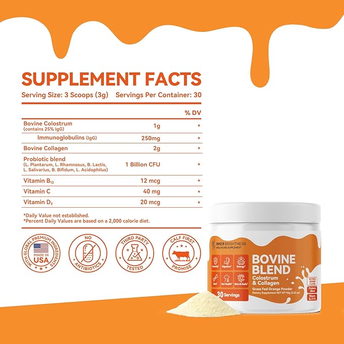 Bovine Colostrum & Collagen Powder for Gut Health, Immune Support, Hair Growth & Beauty Supplement, Sugar Free – IgG, Probiotics, Vitamin B12, C, D3 – Orange Flavor, 30 Servings