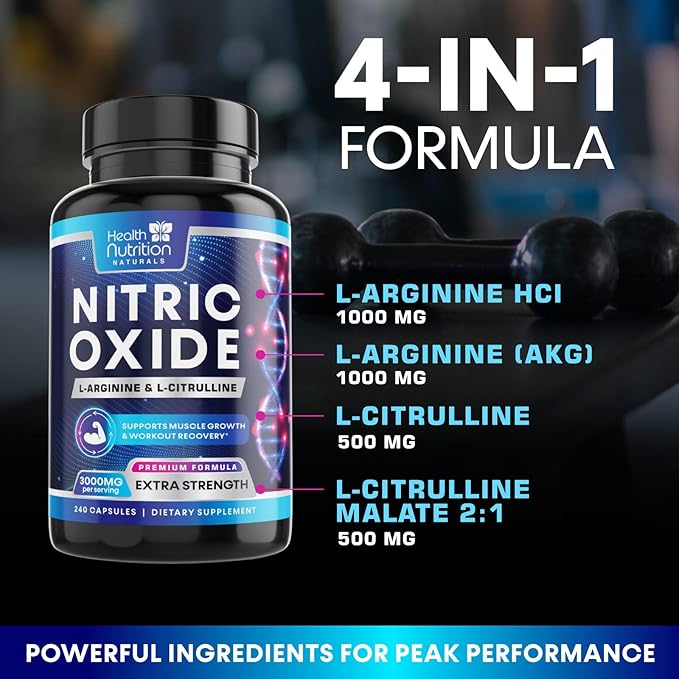 Extra Strength Nitric Oxide Supplement 3X Strength L Arginine, Citrulline Malate, AAKG, Beta Alanine - Premium Muscle Supporting Nitric Booster - Natural Energy & Heart Health Support - 240 Capsules