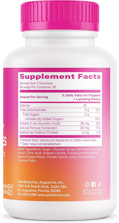 Pink Stork Prenatal Iron Supplement Gummies for Women - 20 mg with Vitamin C - Grape Chewable for Deficiency, Energy, & Blood Builder - 60 Gummy Chews