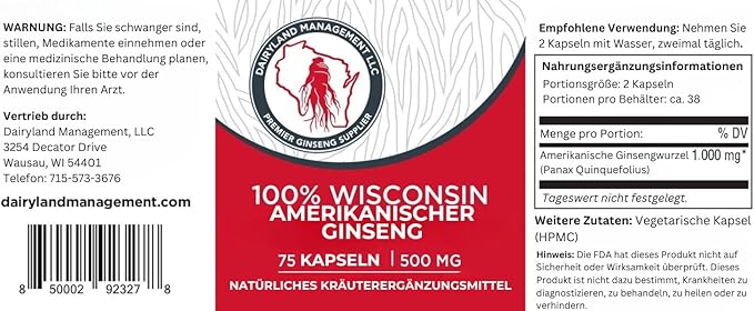 Dairyland American Ginseng Capsules, 75 ct (500 mg) – Authentic Wisconsin Ginseng Root Extract – Daily Herbal Supplement for Immune Support