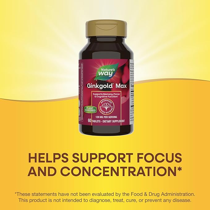 Nature's Way Ginkgold Max Advanced Ginkgo Extract, Supports Memory, Focus, and Concentration, and Cognitive Function*, Gluten free, Vegan, 60 Vegan Tablets (Packaging May Vary)