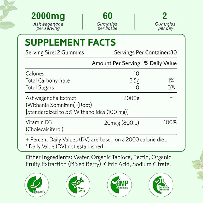 2 Pack Ashwagandha Gummies, Extra Strength Vitamin D3, Organic Ashwa Root Extract Supplement for Calm Mood Relaxation and Immune Support, Mixed Berry Vegan Chews 120 Count