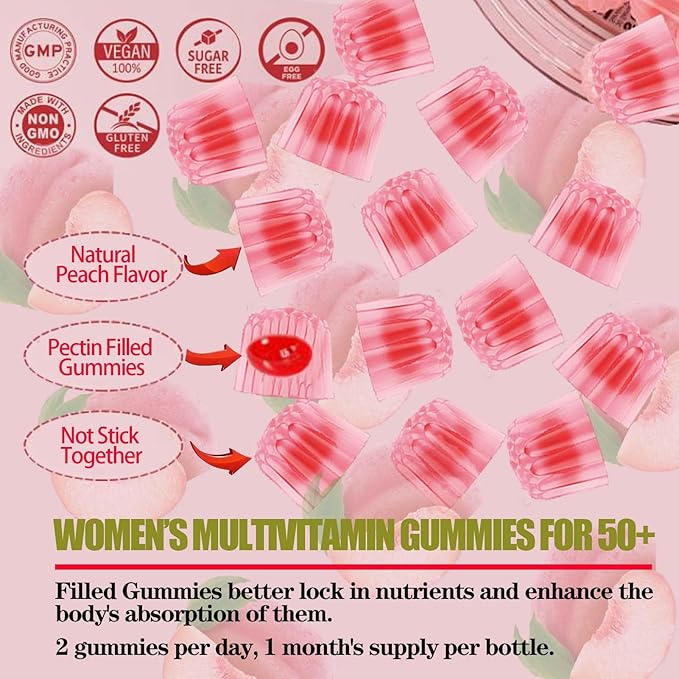 Sugar-Free Womens Multivitamin 50 Plus Gummies with Calcium, Magnesium, Zinc, Vitamin A, C, D3, E, K2, B Complex, Folate, Biotin - Multi Vitamins & Minerals for Skin, Energy, Immune Support