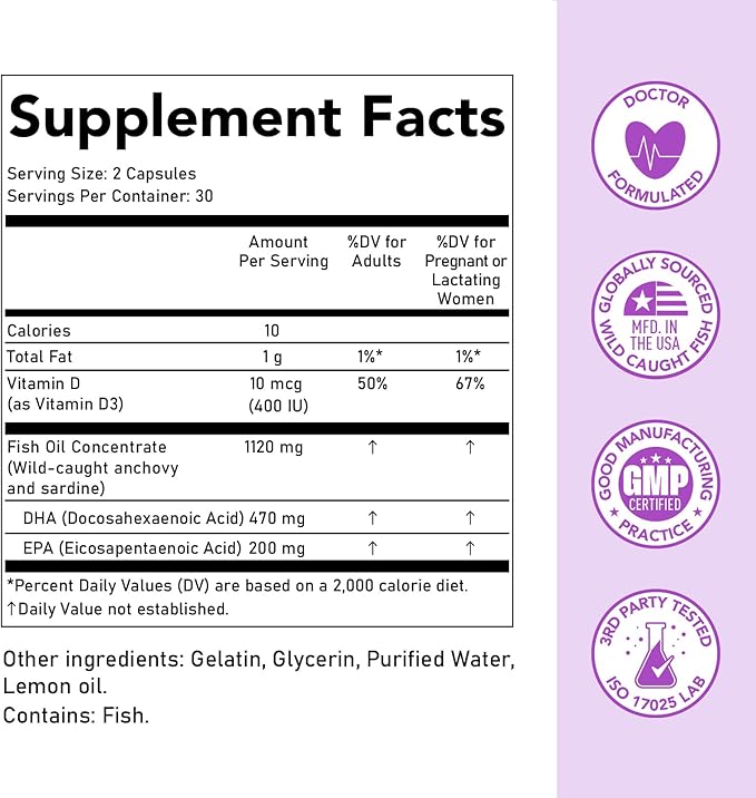Premom Prenatal DHA Fish Oil: Triglyceride Omega 3 with 470mg DHA, 200mg EPA + 400 IU VIT D3 Supplement - Fertility Support for Women - Globally Sourced from Wild Caught Fish