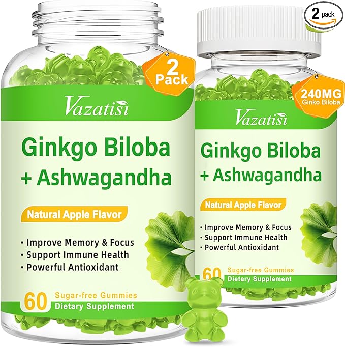 Ginkgo Biloba Gummies with Panax Ginseng for Better Mood and Focus, Booster Brain Health, 120 Vegan Apple Flavor Gummies