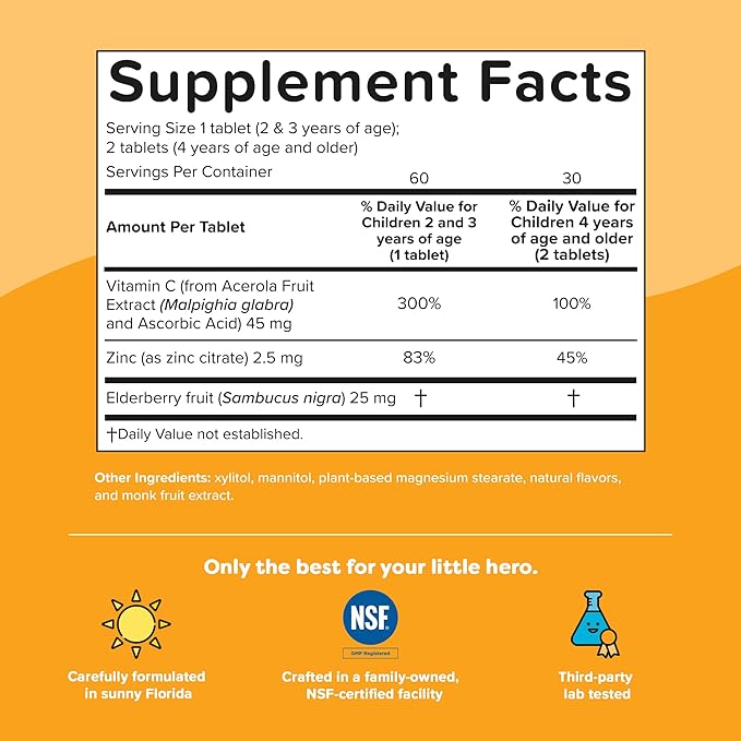 Renzo's Invincible Vitamin C for Kids with Elderberry and Zinc, Dissolvable Kids Vitamins for Immune Support, 60 Orange-Flavored Melty Tabs
