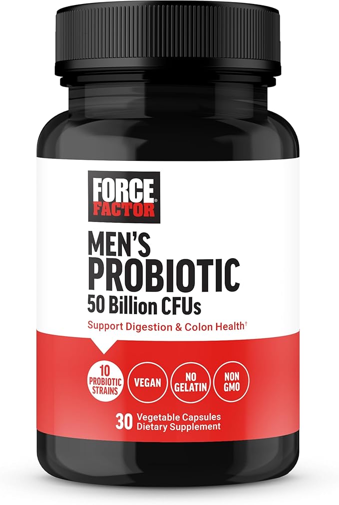 FORCE FACTOR Men’s Probiotic, Probiotics for Digestive Health with 50 Billion CFUs and 10 Probiotic Strains to Support Gut and Colon Health, and Daily Wellness, Non-GMO, Vegan, 30 Vegetable Capsules