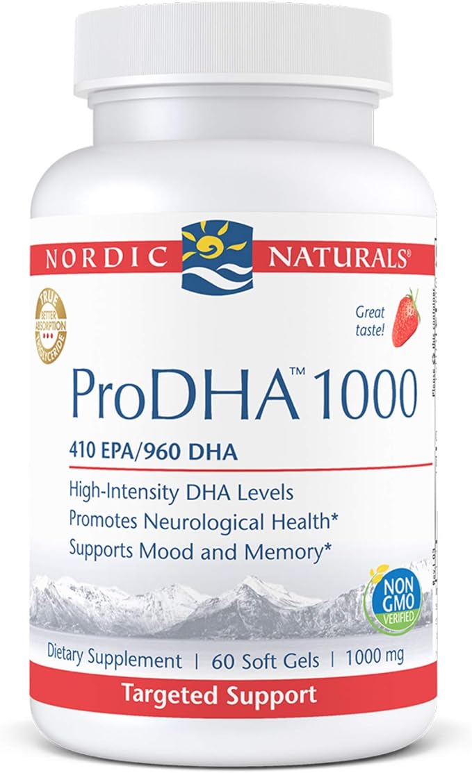 Nordic Naturals ProDHA 1000, Strawberry - 60 Soft Gels - 1660 mg Omega-3 - High-Intensity DHA Formula for Neurological Health, Mood & Memory - Non-GMO - 30 Servings