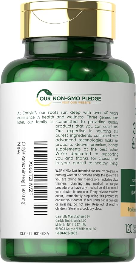 Carlyle Panax Ginseng & Ginkgo 5000mg | 120 Vegetarian Capsules | Non-GMO & Gluten Free Supplement