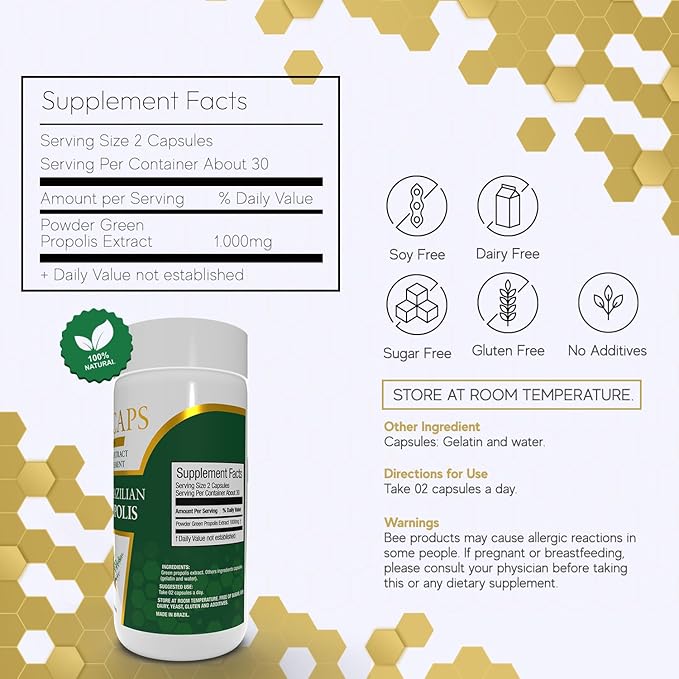 Beelife Green Propolis Capsules- 100% Green Propolis and Bee Pollen Capsule Supplement- Propolis Extract, Authentic Brazilian Green Propolis Capsules - Certified ISO 22000, Kosher (120 Capsules)