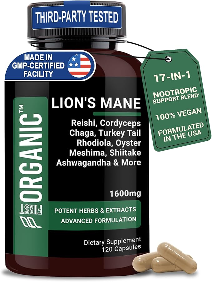 Lion’s Mane+ Mushroom Complex 1600mg - 120 Capsules - Supports Cognitive, Focus & Clarity Health with Ashwagandha, Reishi, Cordyceps & Chaga - Third-Party Tested, Vegan, Non-GMO, Gluten-Free