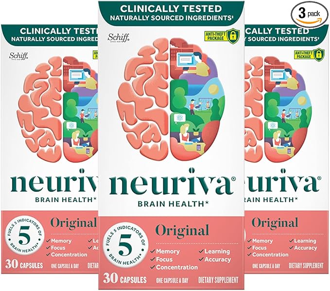NEURIVA Original Brain Supplement for Memory, Focus & Concentration + Learning & Accuracy with Clinically Tested Nootropics Phosphatidylserine and Neurofactor, Caffeine Free, 30 Capsules (3 Pack)