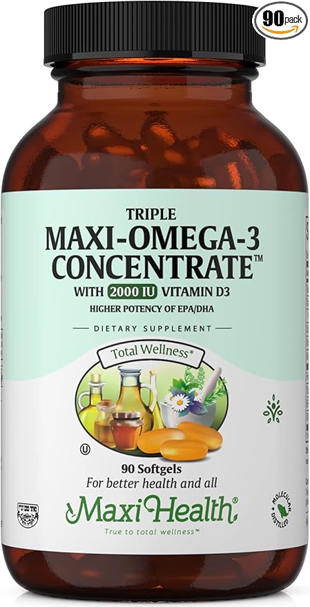Maxi Health Omega 3 Supplement - Omega-3 Fish Oil Triple Concentrate w/ Vitamin D3 - Potent Source of EPA / DHA Fatty Acids - Heart, Brain, Joint Health - Kosher Wild Caught Marine Fish - 90 Softgels